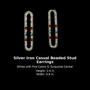 Home silver iron casual beaded stud earrings white with fire colors & turquoise center