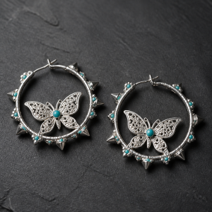 Butterfly Collection Mini Hoop Black and Silver Butterfly Earrings