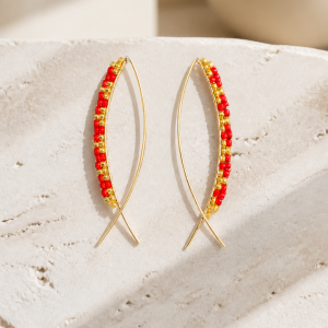 Cute Red and Gold Dangle Threaded Earrings