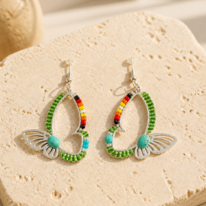 Silver Butterfly Shaped Silver Iron Jade Green and Fire Color Earrings