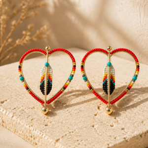 Heart Collection Heart Shaped Gold Iron Red and Turquoise Feather with Fire Color Earrings