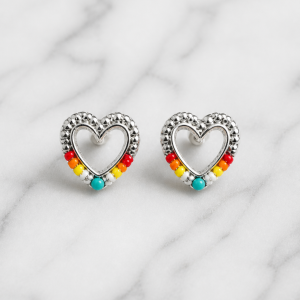 Heart Collection Mini Heart Silver Iron Silver and Fire Color Earrings