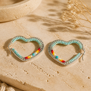 Heart Collection Mini Heart Silver Iron Turquoise and Fire Color Earrings
