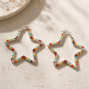 Star Shaped Silver Iron Silver and Fire Color Hoop Earrings