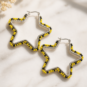 Star Shaped Silver Iron Black & Yellow Hoop Earrings