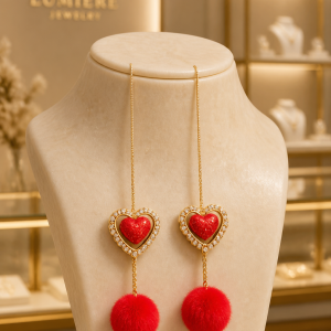 Sparkling Ruby Red Heart Shaped Red Pom Pom Earrings