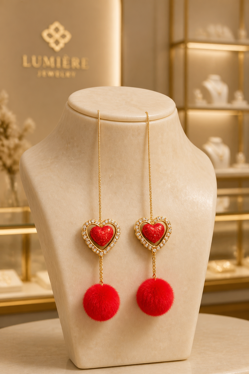 Sparkling Ruby Red Heart Shaped Red Pom Pom Earrings Sparkling Ruby Red Heart Shaped Red Pom Pom Earrings