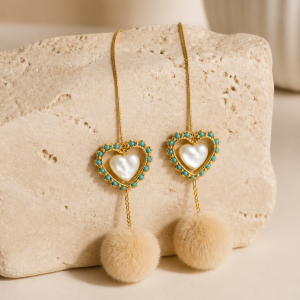 Heart Shaped Gold Iron with Pearl Shell Heart Pom Pom Earrings