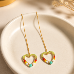 Heart Shaped Gold Iron Lime Green Heart Dangle Earrings