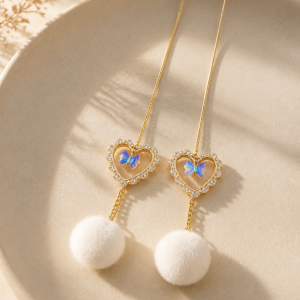 Heart Shaped Gold Iron Chrystal Butterfly White Pom Pom Earrings