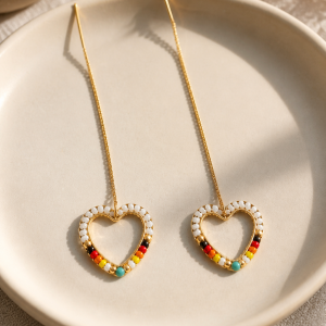 Heart Shaped Gold Iron Winter White Heart Dangle Earrings