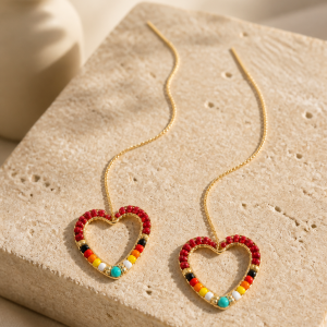 Heart Shaped Gold Iron Ruby Red Heart Dangle Earrings