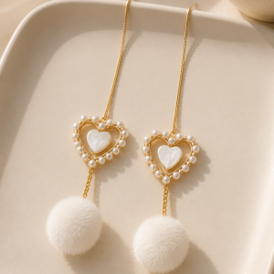 Heart Shaped Gold Iron with Pearl Shell Heart White Pom Pom Earrings