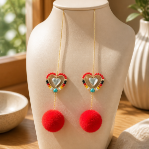 Heart Shaped Gold Iron Hematite Heart Red Pom Pom Earrings