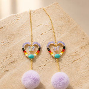 Heart Collection Heart Shaped Gold Iron Chrystal Butterfly Purple Pom Pom Earrings