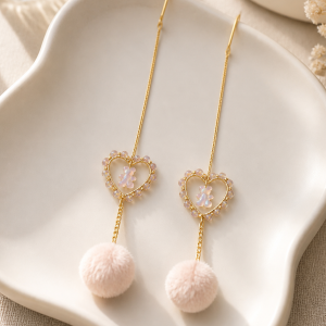 Heart Collection Heart Shaped Gold Iron Chrystal Bear Pink Pom Pom Earrings
