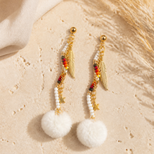 Swivel Gold Star Feather White Pom Pom Dangle Earrings
