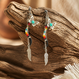 Spiral Collection Swivel Black Silver Butterfly Feather Earrings