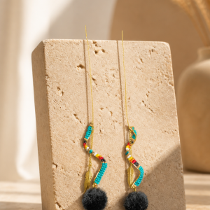 Black Pom Pom adjustable Gold Feather Earrings