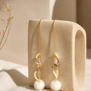 Pearl White Pom Pom adjustable Gold Feather Earrings