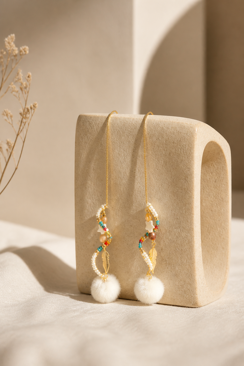 Pearl White Pom Pom adjustable Gold Feather Earrings Pearl White Pom Pom adjustable Gold Feather Earrings