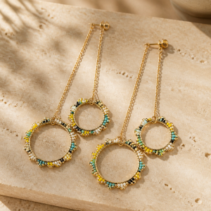 Pearl White Sphinx Black Crystal Teal, Yellow and Gold Double Circle Chain Hanging Gold Iron Earrings