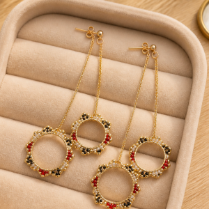 Stylish Multi Color Double Circle Chain Hanging Gold Iron Earrings
