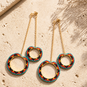 Sunrise Multi Color Double Circle Chain Hanging Gold Iron Earrings