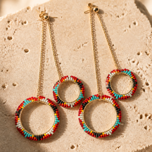 Sunset Multi Color Double Circle Chain Hanging Gold Iron Earrings