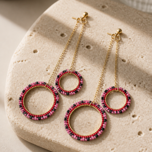 Pretty in Pink Double Circle Chain Hanging Gold Iron Earrings