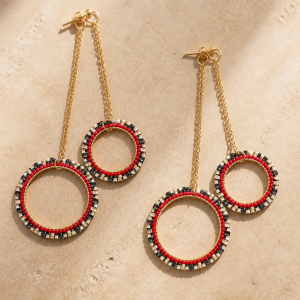 Double Circle Chain Hanging Gold Iron Earrings with Navajo Wedding Basket of Beige Black and Red Seed Beads.