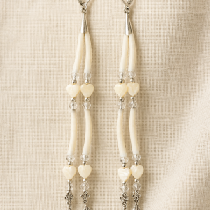 Pearl White Dentalium Aprinium Shell Tusk Earrings with Pearl Heart Shaped Shell Beads.