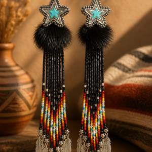 Limited Edition Stella Standing Bear Shooting Star Collection: Ebony Black Beauty Shooting Stars Earrings with Fire Color