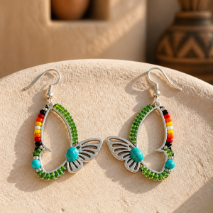 Electric Light Green Silver Butterfly Earrings with Fire Color