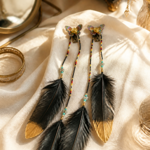 Elegant Black Butterfly Feather Hair Clips with Fire Color beads
