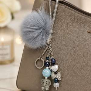 Elephant Grey Glam Native Style Pom Keychain