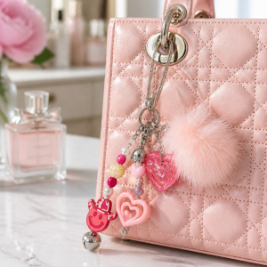 Pink Heart Glam Native Style Pom Pom Keychain