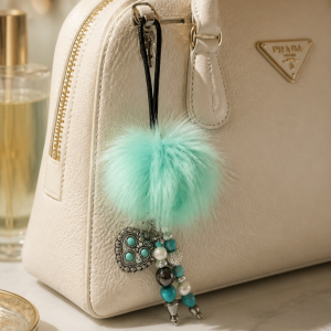 Fluffy Teal Glam Native Style Pom Pom Keychain
