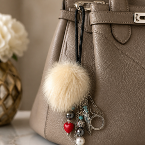 Peal White Glam Native Style Pom Pom Keychain