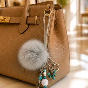 Light Grey Glam Native Style Pom Pom Keychain
