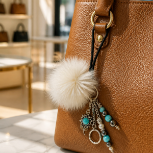 White Glam Native Style Pom Pom Keychain