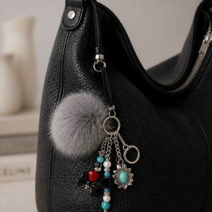 Grey Glam Native Style Pom Pom Keychain