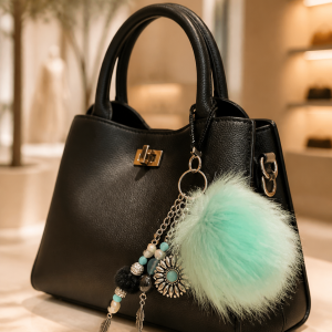 Teal Glam Native Style Pom Pom Keychain