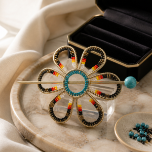 Exquisite Black Turquoise Flower Gold Iron with Fire Color