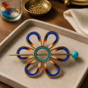 Electric Royal Blue Gold Iron Flower Hair Pin with Fire Colors