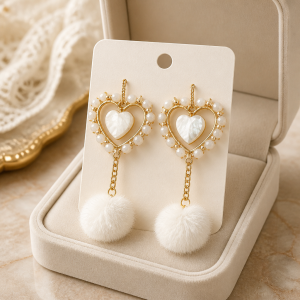 Elegant Pearl White Heart Dangling Earrings with Pom Poms