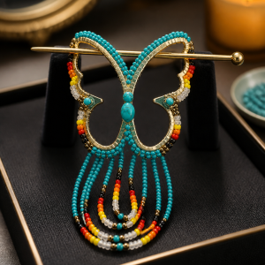 Elegant Priceless Turquoise Gold Iron Butterfly Hair Pin with Fire Colors