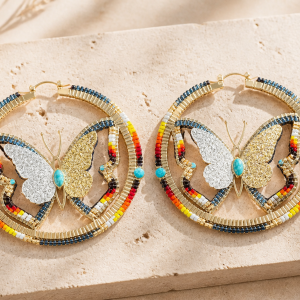 Beautified Gold Hoop Butterfly Earrings with Fire Colors.