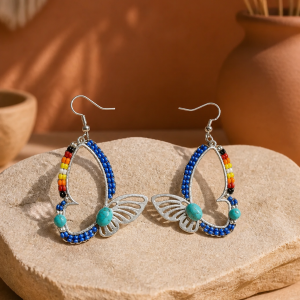 Royal Blue Silver Iron Butterfly Earrings with Fire Colors Butterfly Earring wings