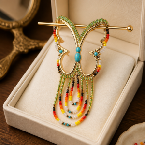 Lavish Lime Green Gold Iron Butterfly Hair Pin with Fire Colors